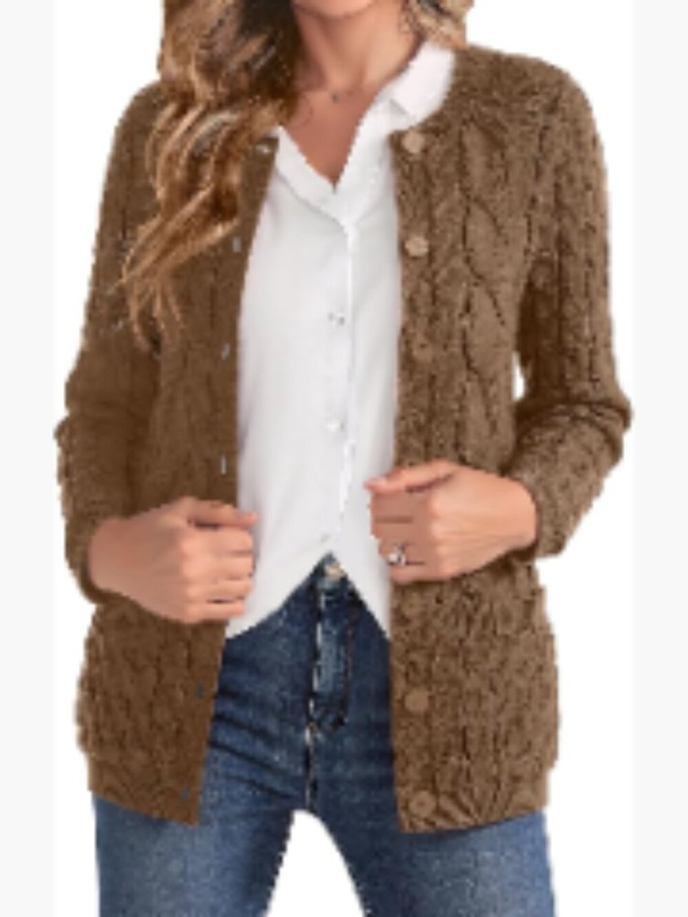 Women Cable Knit Cardigan Sweater Crew Neck Button Up With Pocket
